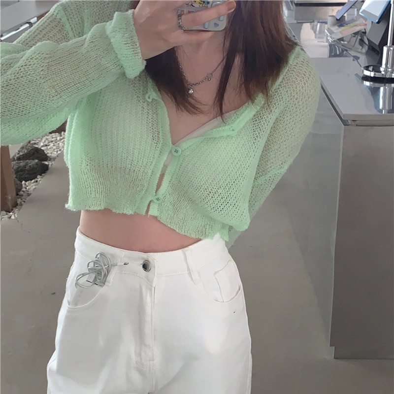 IELGY    Áo Khoác cardigan Dệt Kim Màu Sắc Trơn Phong Cách Pháp Cổ Điển Thời Trang Chống Nắng Cho Nữ