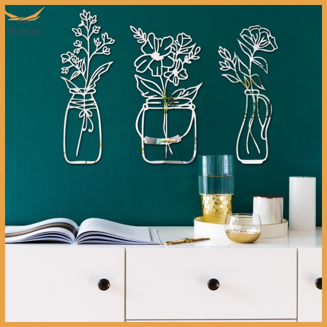 Bộ 3 Miếng Dán Tường Trang Trí Tráng Gương Acrylic Hình Lọ Hoa 3d Rỗng Tự Dính Trang Trí Nhà Cửa