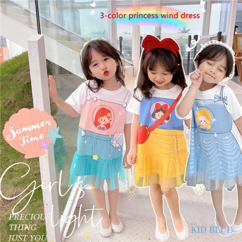 Đầm Thun Tay Ngắn Giả Hai Mảnh Họa Tiết Hoạt Hình Thời Trang Mùa Hè Cho Bé Gái