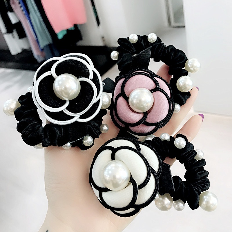 Dây Cột Tóc Hình Hoa Trà Đính Ngọc Trai Phong Cách Hàn Quốc Cổ Điển Thời Trang