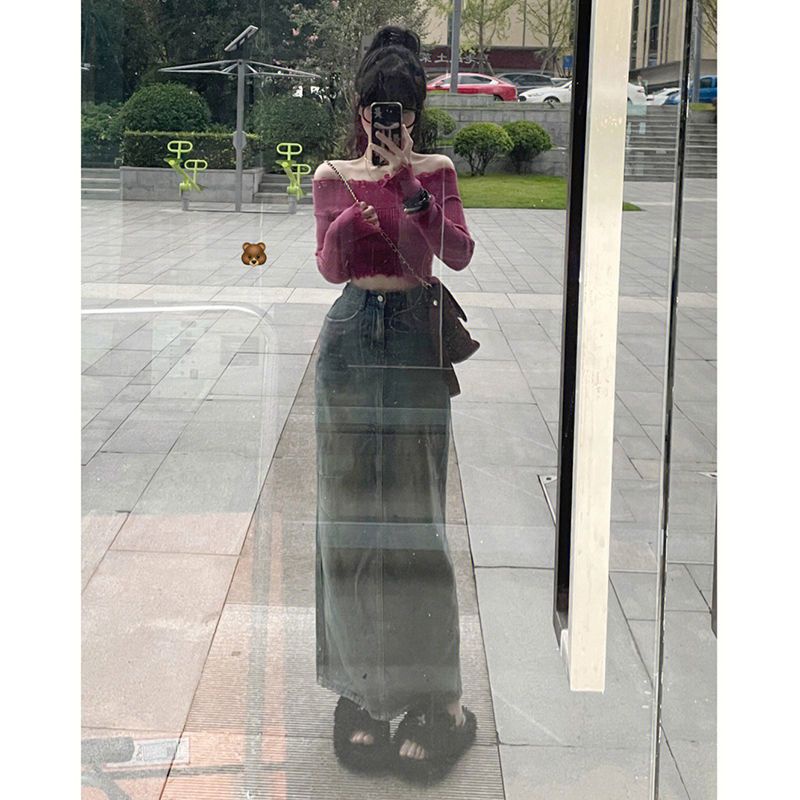 Bộ Áo Dệt Kim Tay Dài Trễ Vai + Chân Váy Denim Dài Thời Trang Mùa Thu Cho Nữ