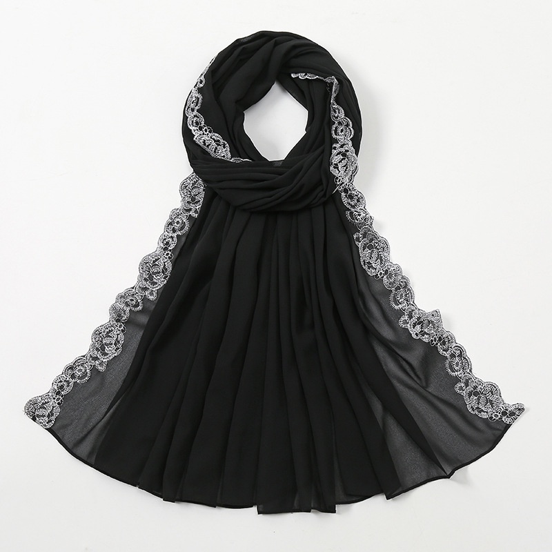 Khăn Choàng Cổ Chiffon Màu Trơn Phối Ren Và Ngọc Trai Thời Trang Mùa Hè Kích Thước 172-72CM Cho Nữ