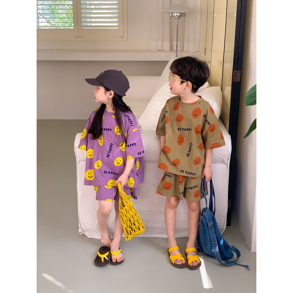 Set Áo Thun Ngắn Tay In Hình Mặt Cười + Quần short Thời Trang Cho Bé