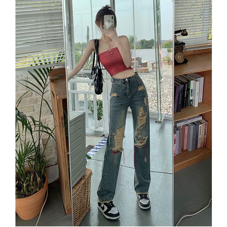 COZOKC Quần Jeans Skinny Lưng Cao Phối Rách Phong Cách Vintage