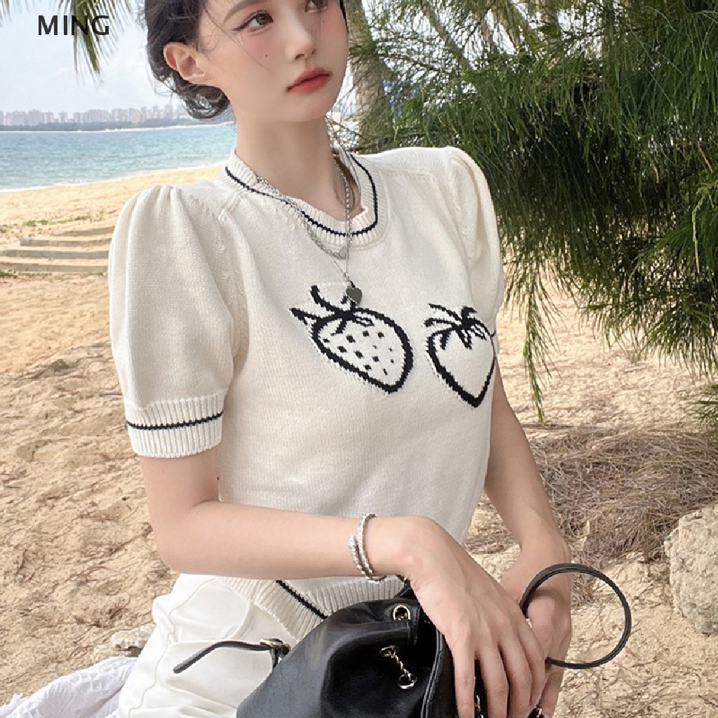 Áo Thun Dệt Kim Tay Ngắn Cổ Tròn In Hình Dâu Tây Phong Cách Retro Dành Cho Nữ