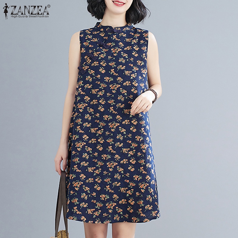Đầm ZANZEA không tay cổ đứng in họa tiết thời trang cho nữ