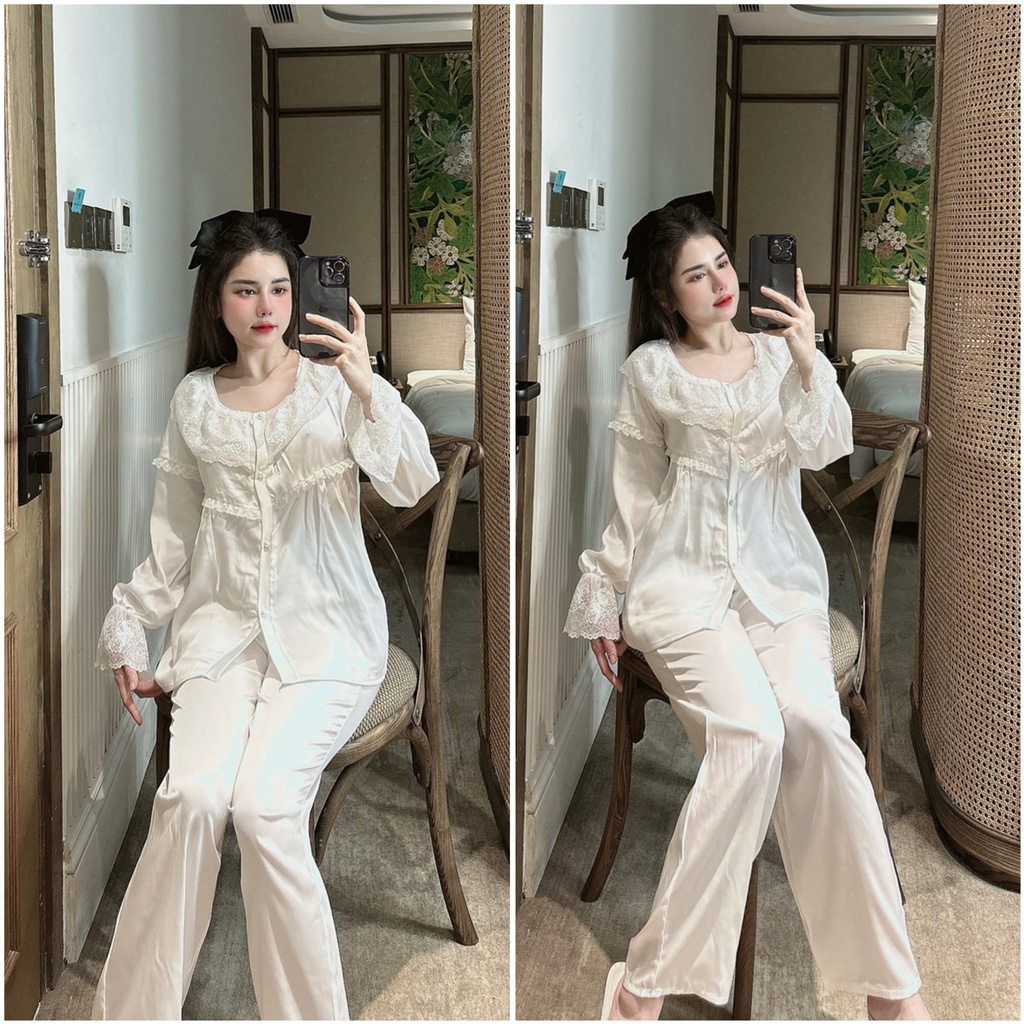 Đồ Ngủ, Pijama Tiểu Thư Tay Dài Cổ Tròn Nút Ngọc Thiết Kế Phối Ren 6 Màu Chất Lụa Mịn Mượt - Đồ Bộ Nữ Freesize
