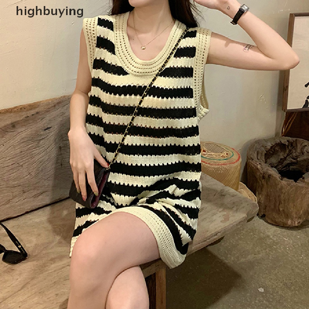 Đầm Dệt Kim Không Tay Cổ Tròn Họa Tiết Kẻ Sọc Belle Y2K Phong Cách Hàn Quốc