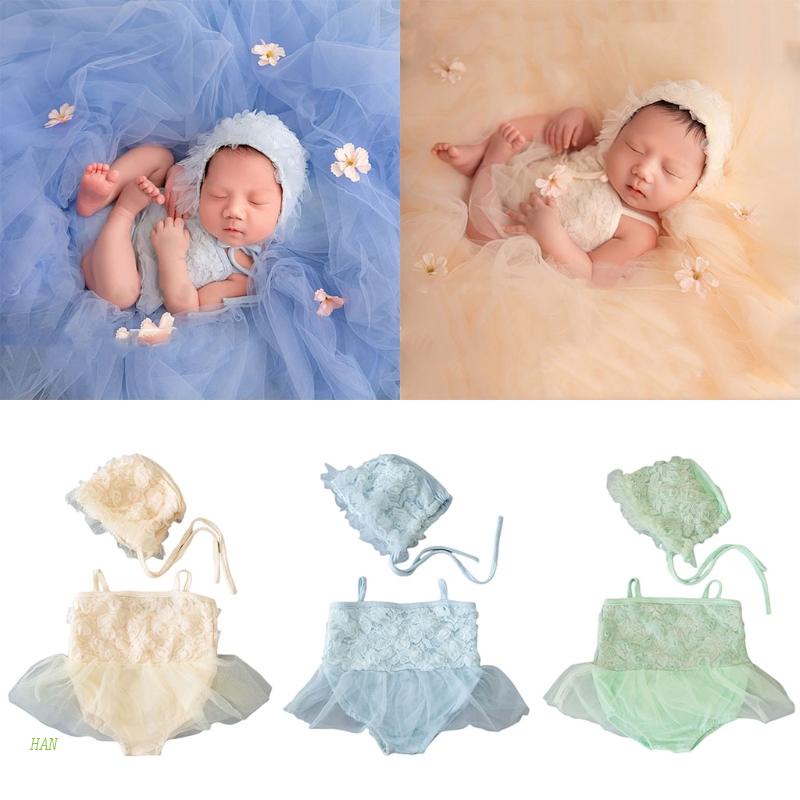 Set Đồ 2 Món Gồm Đầm Ren + Mũ Dễ Thương Làm Phụ Kiện Chụp Ảnh Cho Bé Gái Sơ Sinh