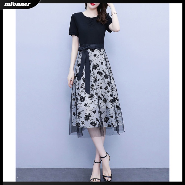 Đầm Midi Tay Ngắn Cổ Tròn Cột Dây Thanh Lịch Thời Trang Mùa Hè Cho Nữ