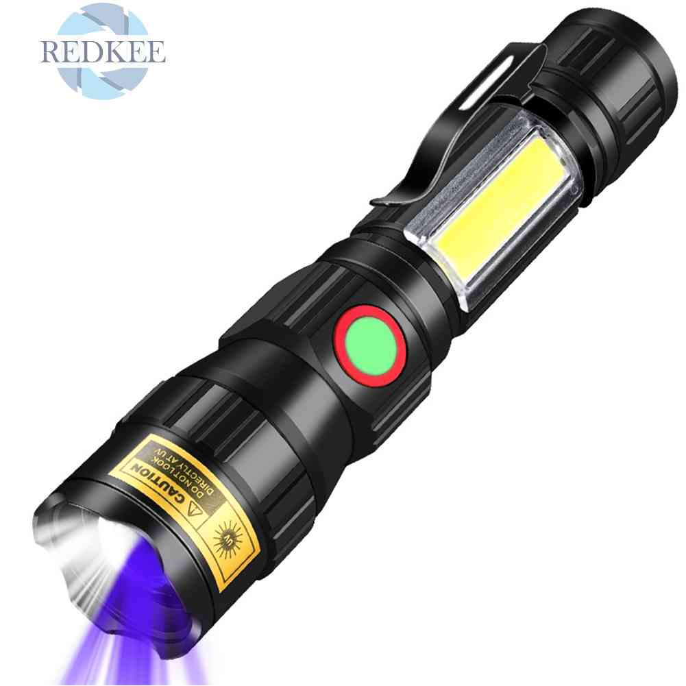 Đèn Pin T6 + COB + 365nm LED UV 350lm Màu Đen Dùng Khi Đi Cắm Trại Ngoài Trời