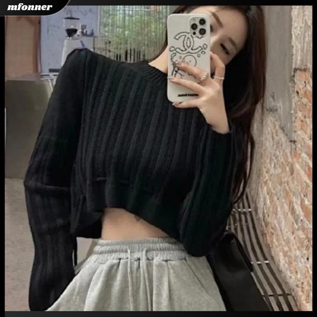 Áo Sweater Dệt Kim Tay Dài Cổ Tròn Màu Trơn Phối Dây Rút Thời Trang Cho Nữ