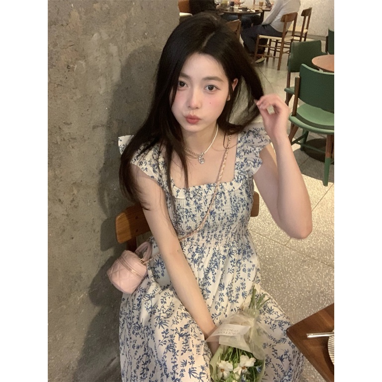 Đầm Hoa Tay Cánh Tiên Màu Xanh Dương Phong Cách Mori Mori Cho Nữ🔥Đầm Mùa Hè 2023 Dáng Dài Xếp Ly Ôm Eo Ngọt Ngào Phong Cách Mới