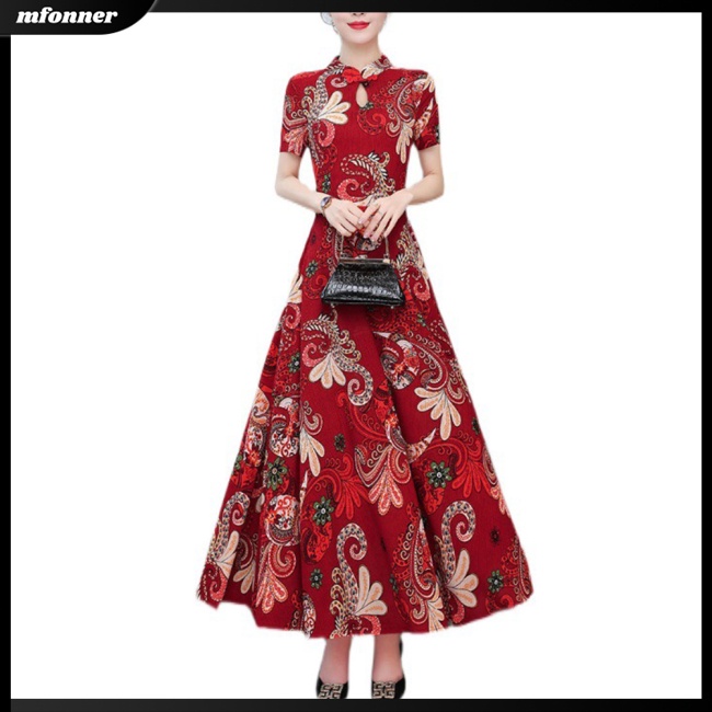 Đầm Tay Ngắn Cổ Đứng Eo Cao In Họa Tiết Cổ Điển Dành Cho Nữ