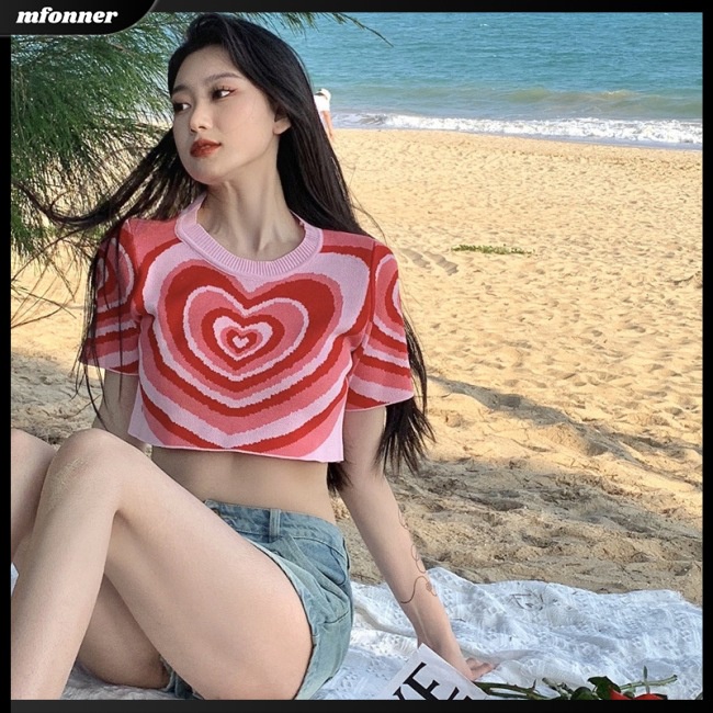 Áo Croptop Dệt Kim Tay Ngắn Cổ Tròn Dáng Rộng In Họa Tiết Trái Tim Thời Trang Mùa Hè Cho Nữ