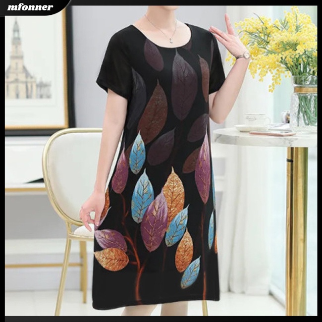 Đầm Midi Tay Ngắn Cổ Tròn Dáng Chữ A Vải Lụa Lạnh In Hoa Thời Trang Cho Bạn Gái