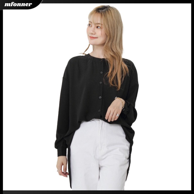 Áo Sơ Mi Chiffon Tay Dài Cổ Tròn Dáng Rộng Màu Sắc Đơn Giản Thanh Lịch Dành Cho Nữ