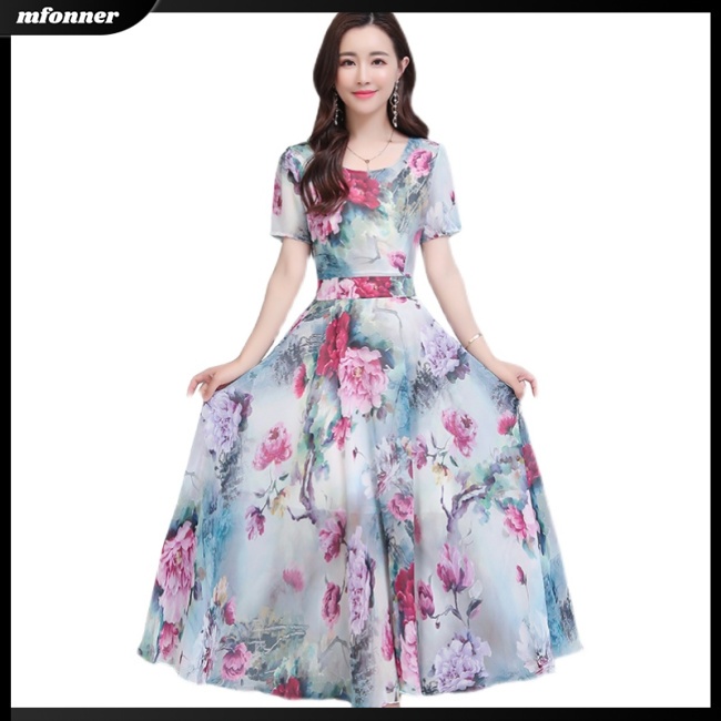 Đầm Midi Tay Ngắn Cổ Tròn Dáng Chữ A In Họa Tiết Hoa Thời Trang Mùa Hè Xinh Xắn Cho Nữ