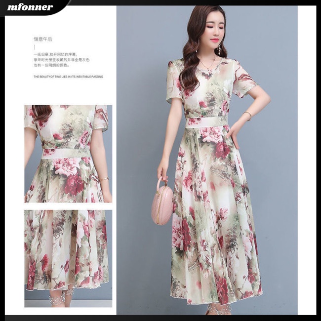 Đầm Midi Tay Ngắn Cổ Tròn Dáng Chữ A In Họa Tiết Hoa Thời Trang Mùa Hè Xinh Xắn Cho Nữ