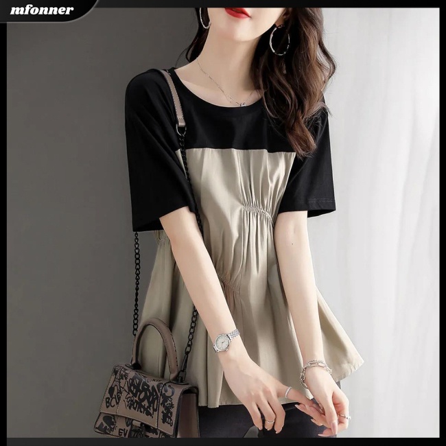 Áo Thun Tay Ngắn Cổ Tròn Dáng Rộng Màu Sắc Tương Phản Phong Cách Retro Dành Cho Nữ