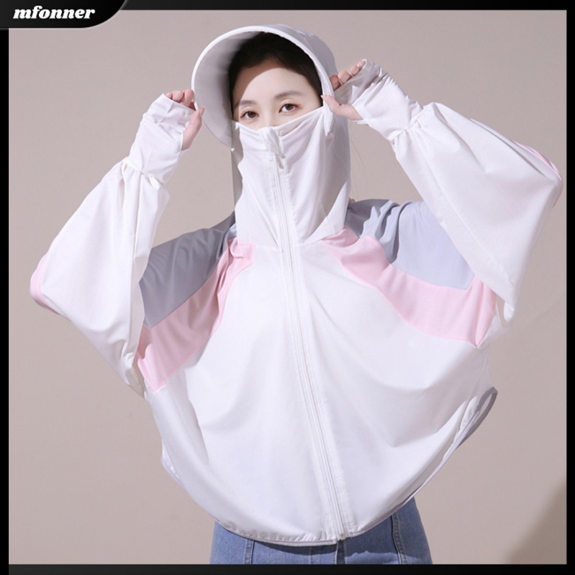 Áo Khoác Chống Nắng Tay Dài Có Mũ Vải Lụa Lạnh Mỏng Màu Sắc Tương Phản Thời Trang Cho Nữ