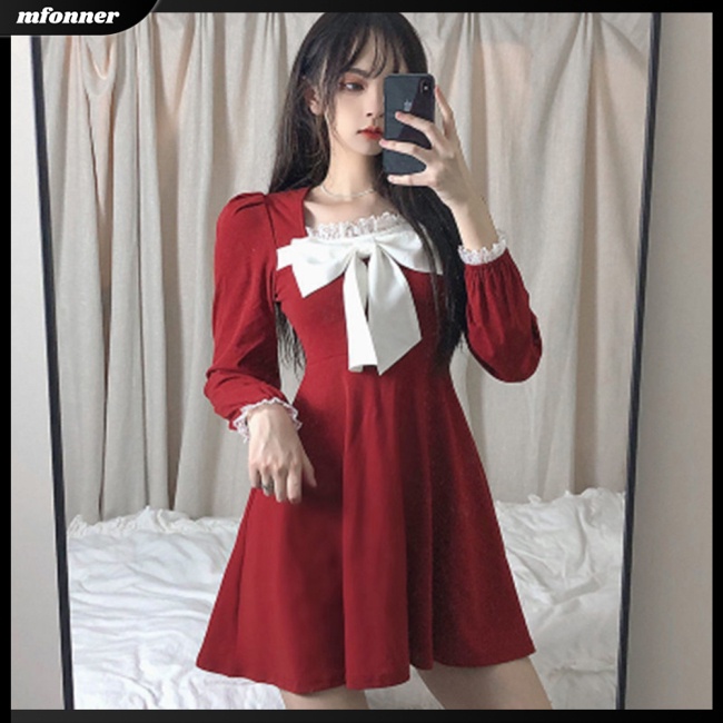 Đầm Chữ A Tay Dài Cổ Vuông Eo Cao Phối Ren Màu Trơn Đính Nơ Ngọt Ngào Thời Trang Cho Nữ