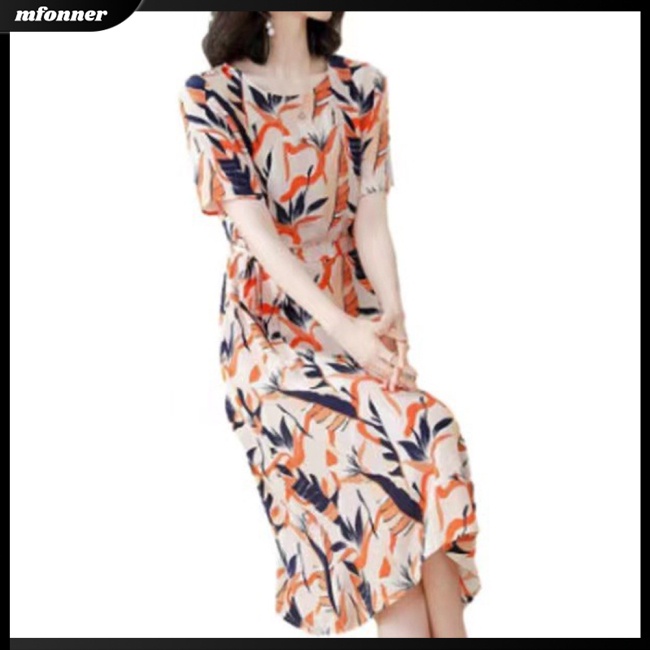 Đầm Midi Tay Ngắn Cổ Tròn Buộc Eo In Họa Tiết Lãng Mạn Thời Trang Cho Nữ