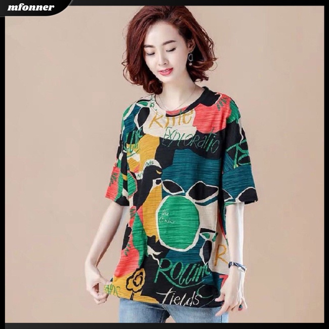 Áo Thun Tay Ngắn Dáng Rộng Cổ Tròn In Họa Tiết Thời Trang Cho Nữ