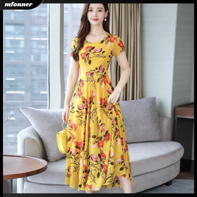 Đầm Tay NgắN Cổ TròN In Hoa ThờI Trang Cho Nữ