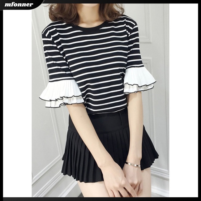Áo Thun Nữ Dáng Rộng Tay Nhún Bèo Họa Tiết Kẻ Sọc Đơn Giản Thời Trang