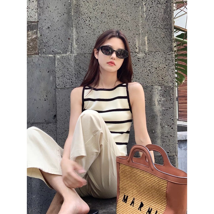 Áo Tank Top Dệt Kim Sát Nách Kẻ Sọc Đen Cá Tính Cho Nữ