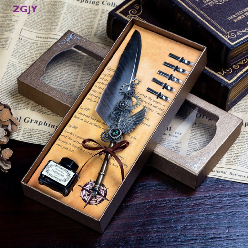 1 Set Bút Mực Nước Bằng Kim Loại Hình Lông Vũ Phong Cách Cổ Điển Mới