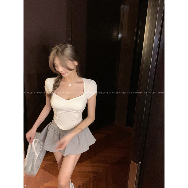 Áo Thun Tay Ngắn Cổ Chữ U Lớn Có Đệm Ngực Thời Trang Mùa Hè