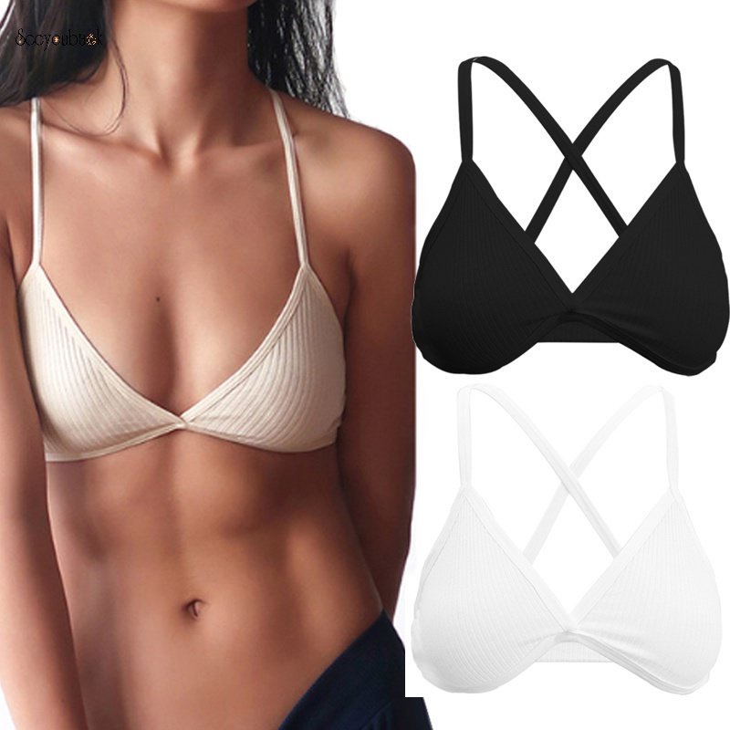 Áo Ngực Thể Thao Vải Cotton Mỏng Màu Trơn Cổ V Xẻ Sâu Không Đường May Dây Chéo Lưng Thoáng Khí Thoải Mái Gợi Cảm Cho Nữ