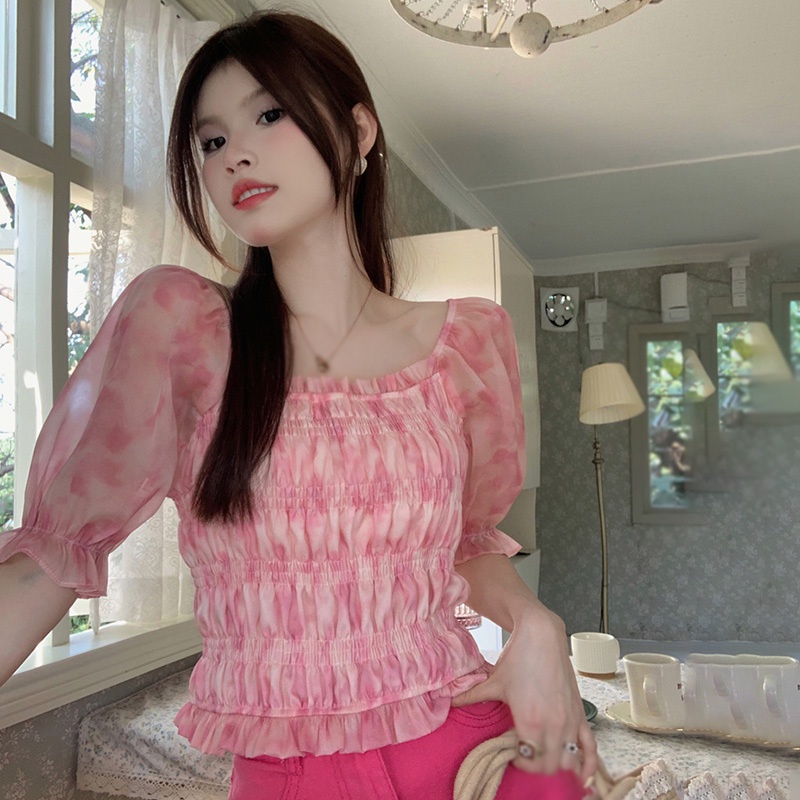 Áo Kiểu Tay Phồng Ngắn Dáng Ôm In Họa Tiết Hoa Xinh Xắn Thời Trang Mùa Hè Cho Nữ