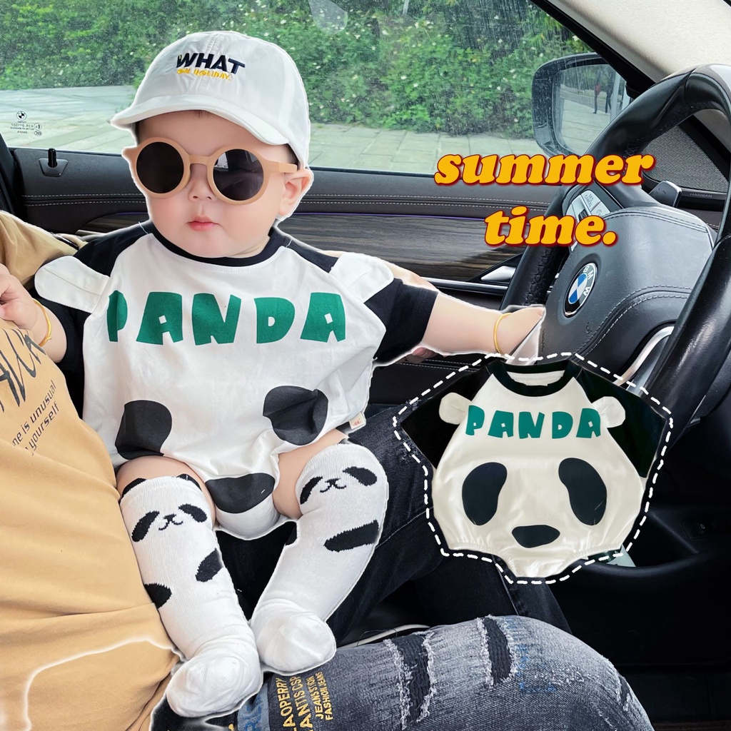 Bộ Áo Liền Quần Tay Ngắn Vải Cotton Mềm In Hoạt Hình Gấu Trúc Thời Trang Mùa Hè Cho Bé