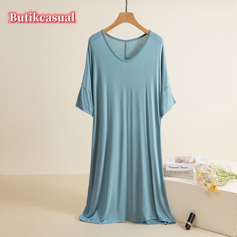 Đầm Cotton Modal Dáng Chữ A Cổ Tròn Tay Cánh Dơi Màu Trơn Thoải Mái Thời Trang Mùa Hè Cho Nữ