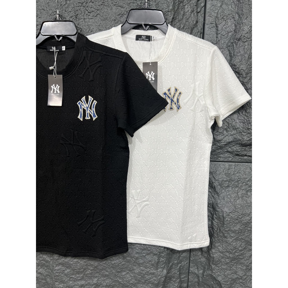 Áo Thun Nam Tay Ngắn Dập Vân Nổi Hoa Văn Thêu Chữ NY, Chất Thun Cotton