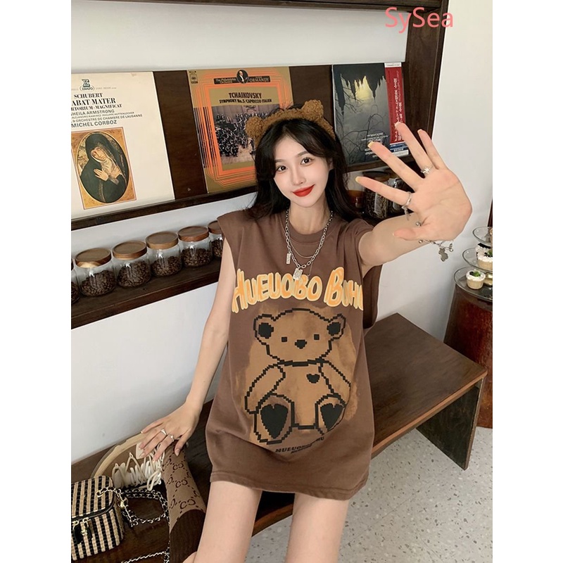 Áo Hai Dây Dáng Rộng Họa Tiết Gấu Hoạt Hình Thời Trang Mùa Hè