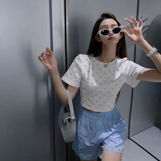 Alexander-Wang letters all over the body hot diamond open umbilical round neck short sleeve