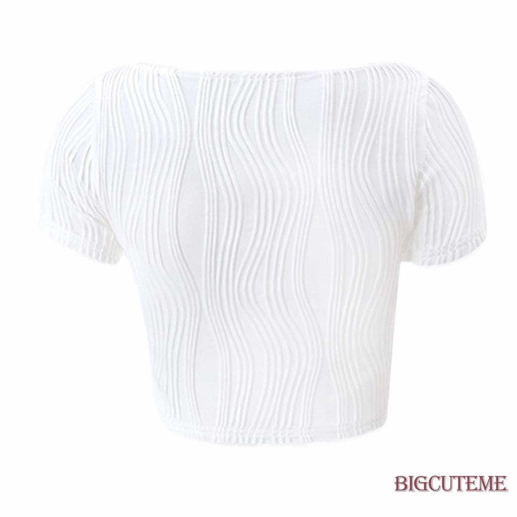 Áo Thun Lửng Ngắn Tay Cổ Chữ U Họa Tiết Sọc Ngang Thời Trang Dành Cho Nữ