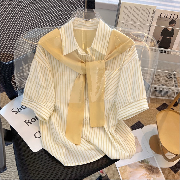 Áo Sơ Mi Ngắn Tay Giả Hai Lớp Họa Tiết Kẻ Sọc Thời Trang Mùa Hè Mới Dành Cho Nữ