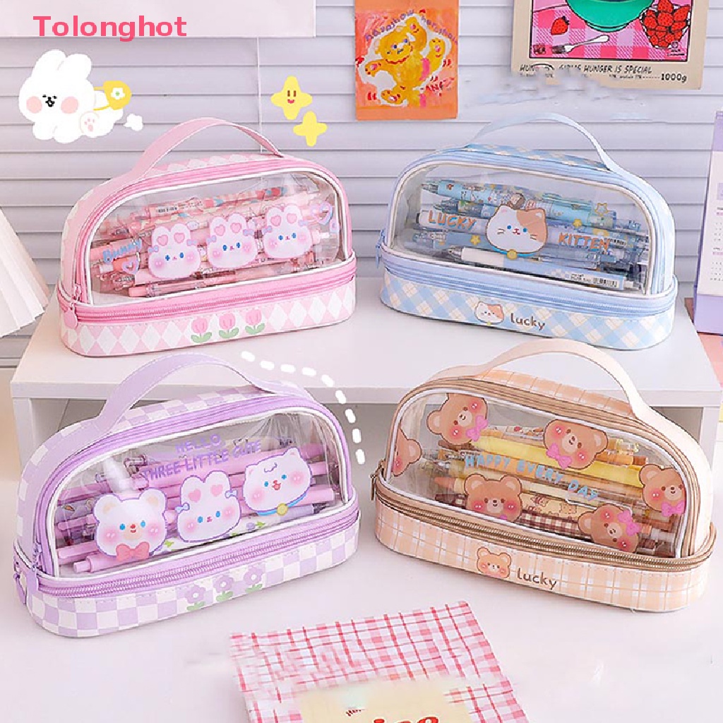 Túi Đựng Bút / Đồ Trang Điểm Cỡ Lớn Trong Suốt Họa Tiết Hoạt Hình Chú Thỏ / Gấu Dễ Thương