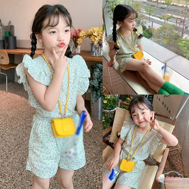 Set Đồ 2 Món Gồm Áo Tay Xòe Cánh Hoa + Quần Ngắn Lưng Thun Phong Cách Hàn Quốc Cho Bé Gái