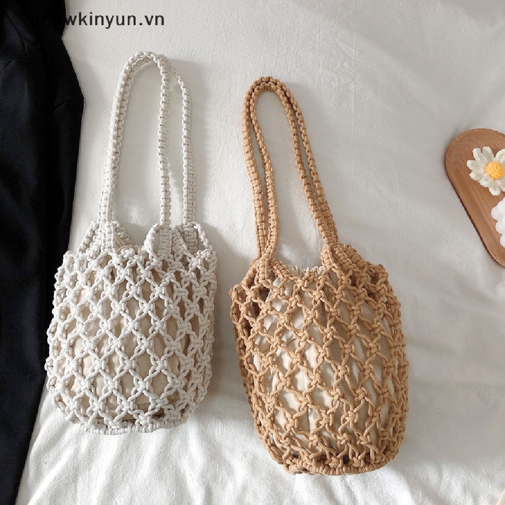 1 Túi Xách Đeo Vai Cotton Đan Lưới Thời Trang Đi Biển Mùa Hè