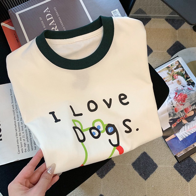Áo thun nữ ZHUXIA cổ tròn tay ngắn in chữ I Love Dog màu sắc tương phản thời trang mùa hè 2023