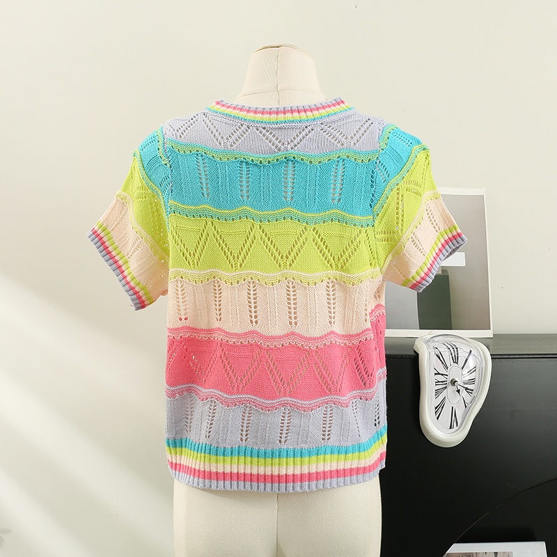 NZN Áo Thun Dệt Kim Tay Ngắn Cổ Thuyền Họa Tiết Kẻ Sọc Cầu Vồng Dễ Thương Thời Trang Cho Nữ