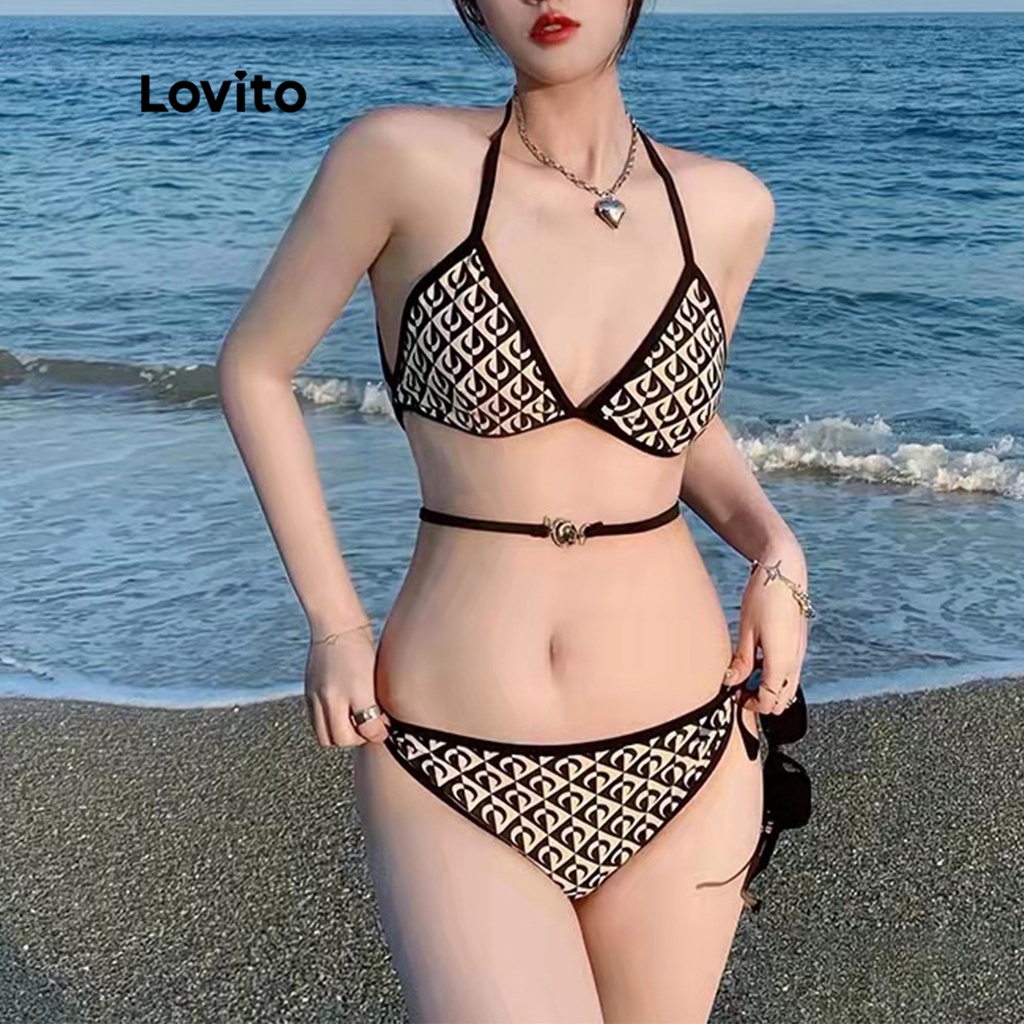 Set bikini Lovito phối phụ kiện kim loại buộc dây họa tiết hình học viền tương phản sexy cho nữ L50AD004 (đen)