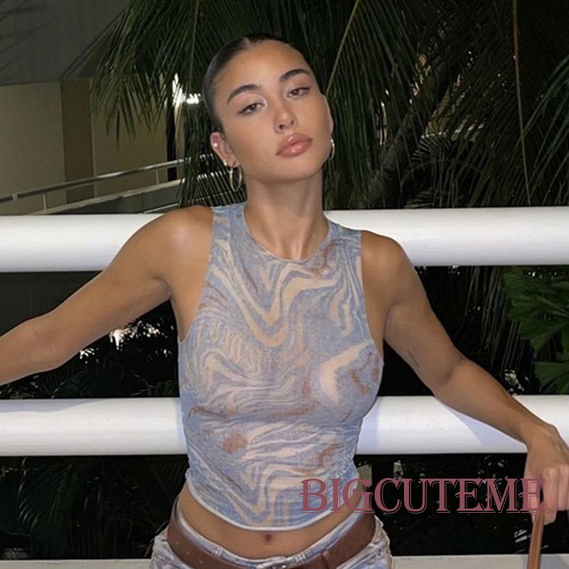 Áo Croptop Sát Nách Cổ Tròn Dáng Ôm In Họa Tiết Thời Trang Mùa Hè Cho Nữ