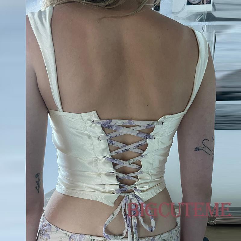 Áo Crop Top Y2K Không Tay Cổ Vuông Hở Lưng Họa Tiết Hoa Phong Cách Vintage Dễ Thương